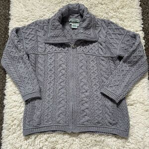 Aran Crafts Grey Cable Knit Merino Wool Full-Zip Sweater Women’s Size Small